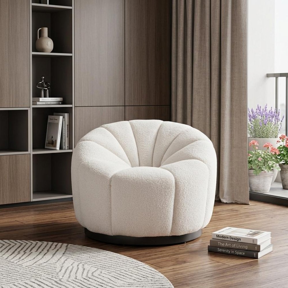 36" Cream And Black Faux Shearling And Upholstered Barrel Chair HomeRoots