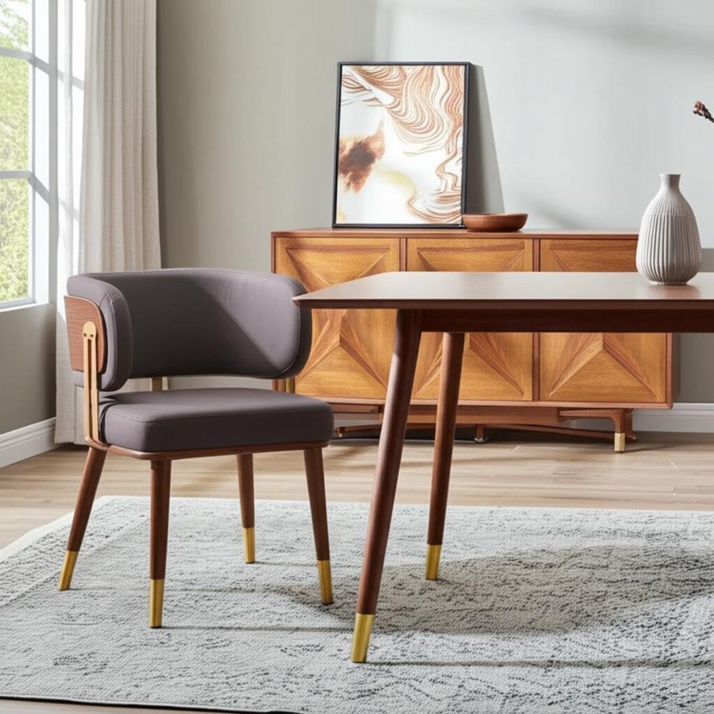 Brown and Walnut Upholstered Faux Leather Curved Back Dining Arm Chair HomeRoots