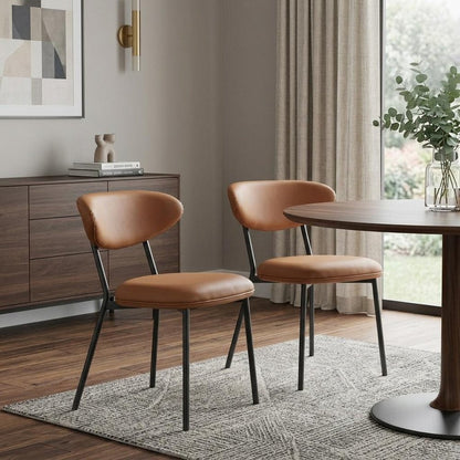 Set of Two Brown and Black Faux Leather Open Back Dining Side Chairs HomeRoots