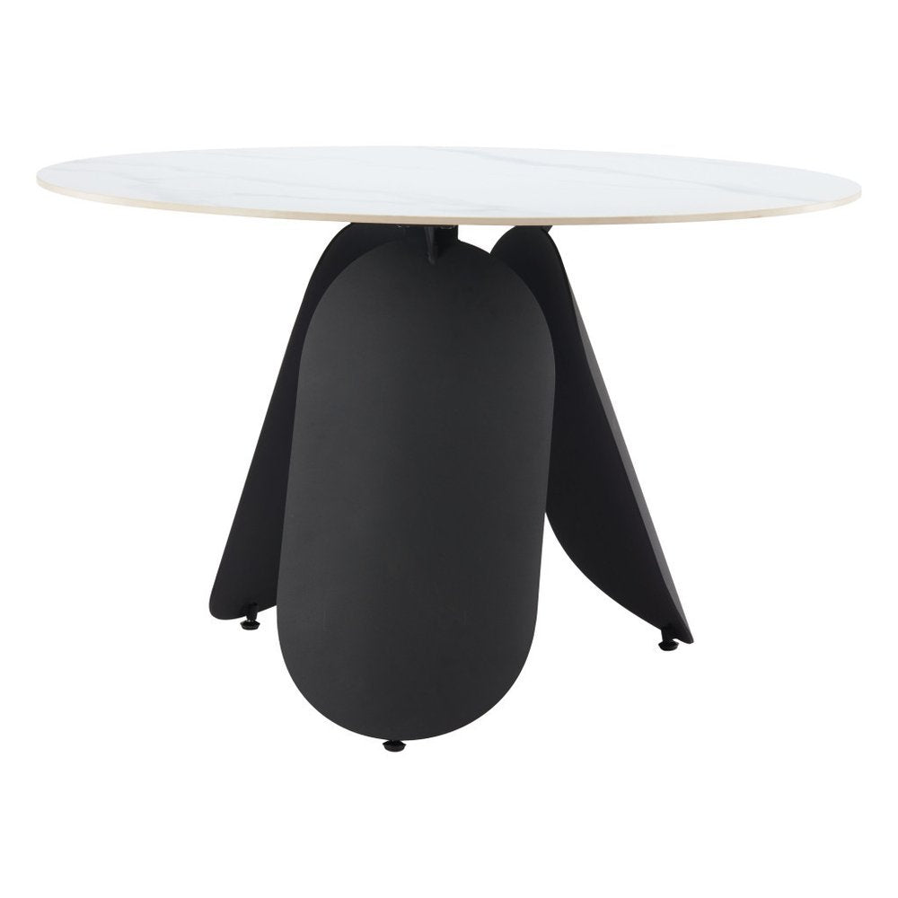 48" White and Black Faux Marble and Steel Pedestal Base Round Top Dining Table HomeRoots