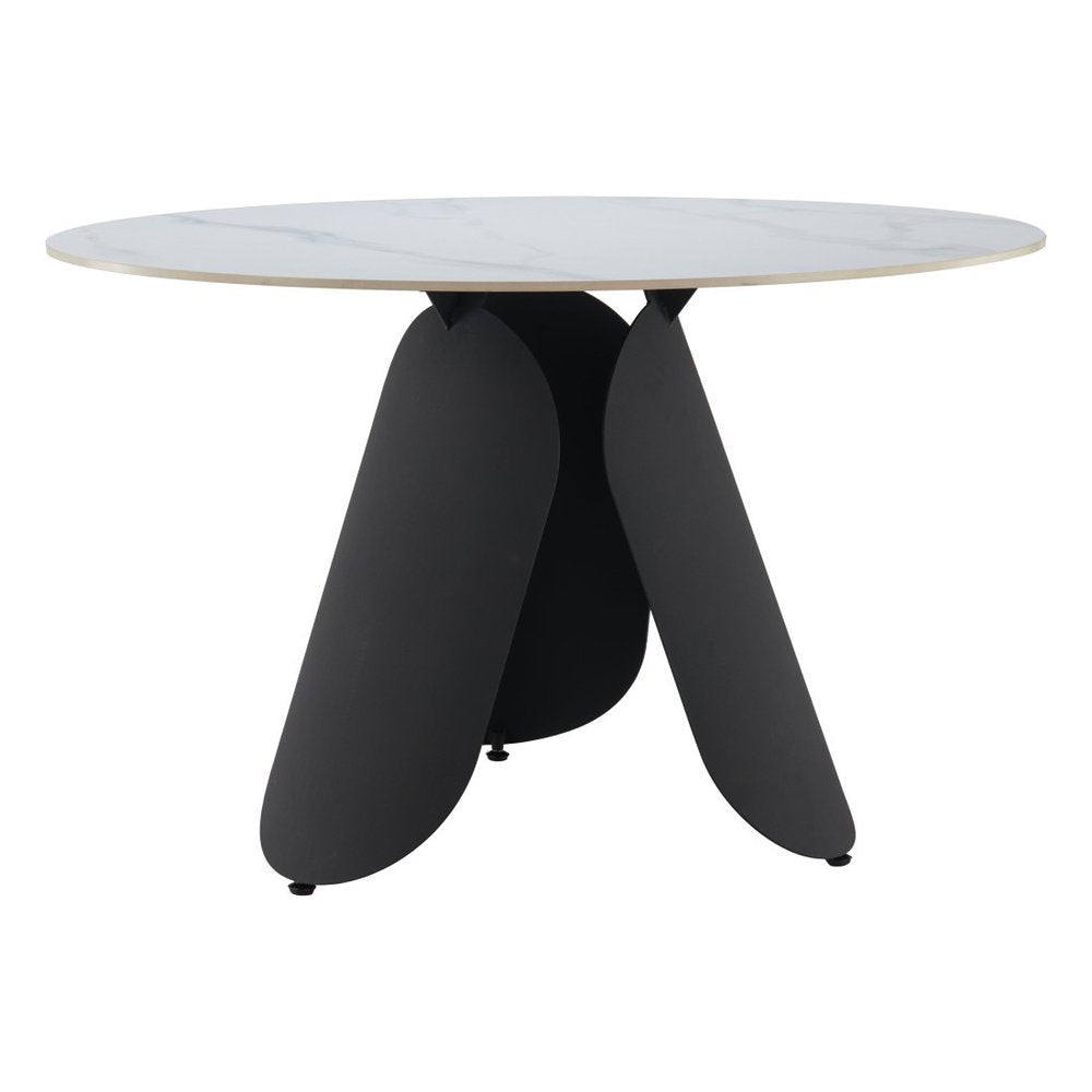 48" White and Black Faux Marble and Steel Pedestal Base Round Top Dining Table HomeRoots