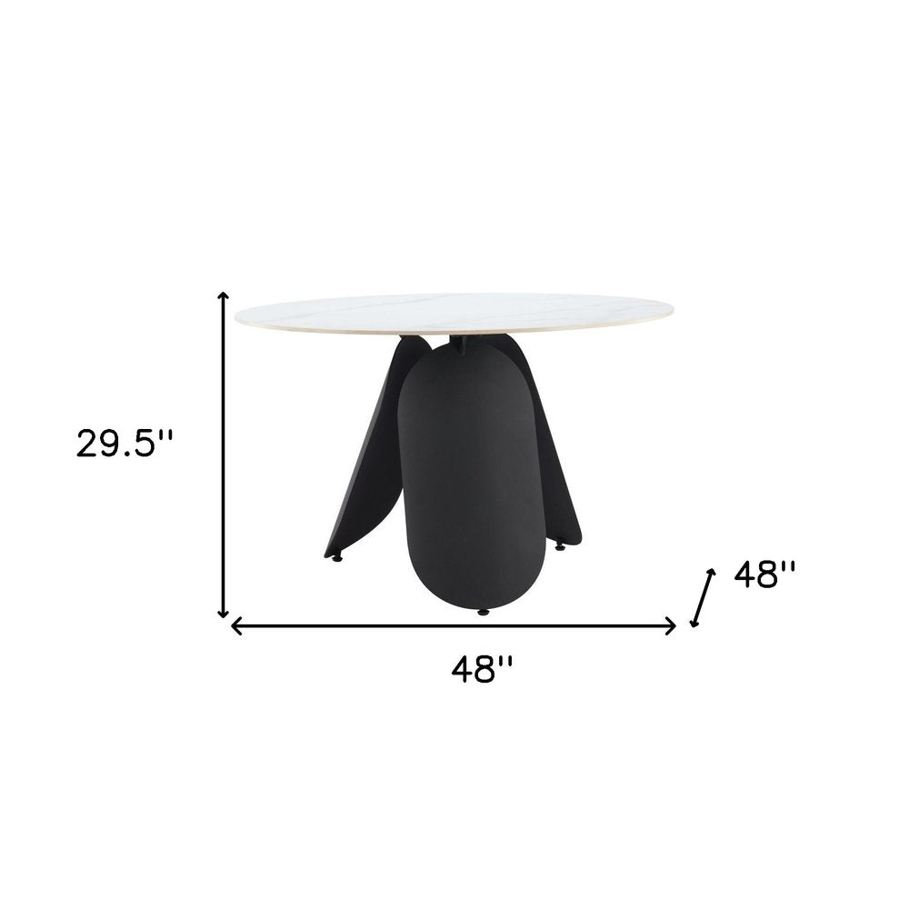 48" White and Black Faux Marble and Steel Pedestal Base Round Top Dining Table HomeRoots