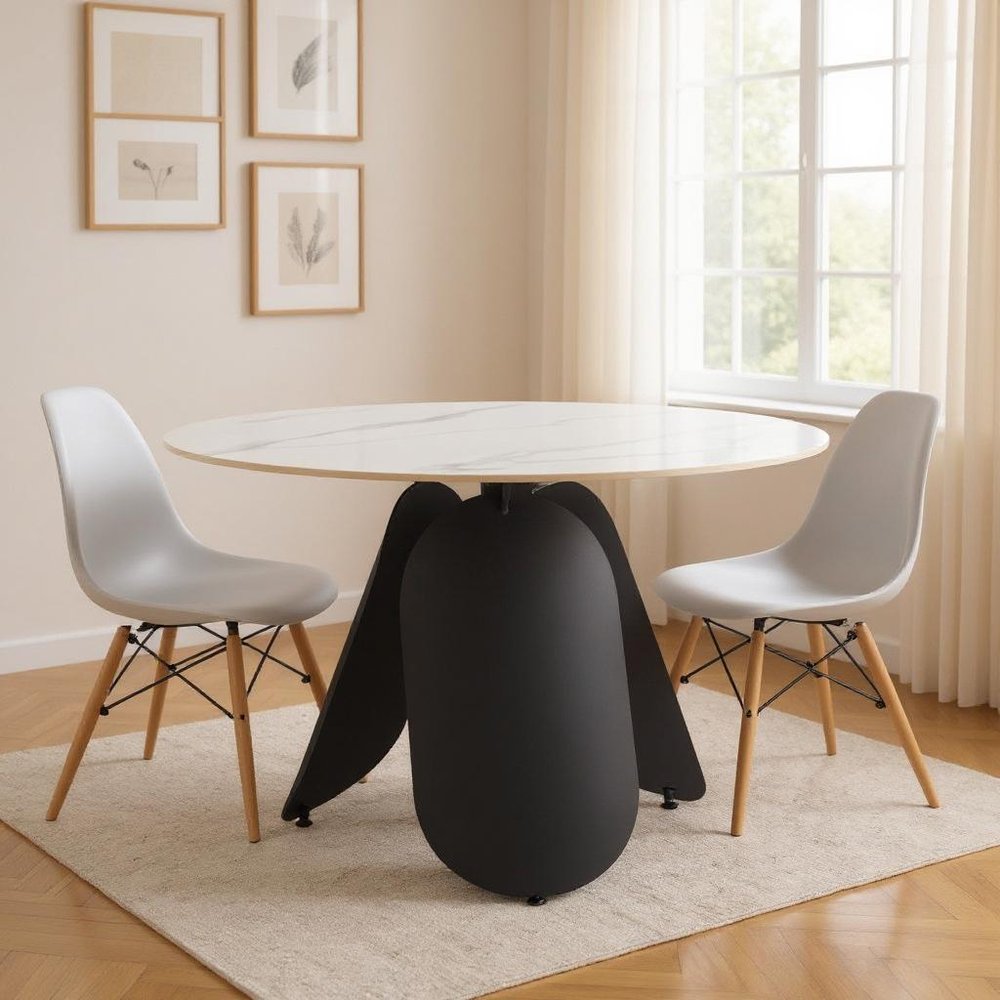48" White and Black Faux Marble and Steel Pedestal Base Round Top Dining Table HomeRoots