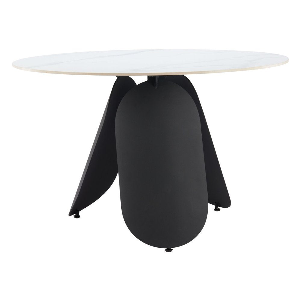 48" White and Black Faux Marble and Steel Pedestal Base Round Top Dining Table HomeRoots