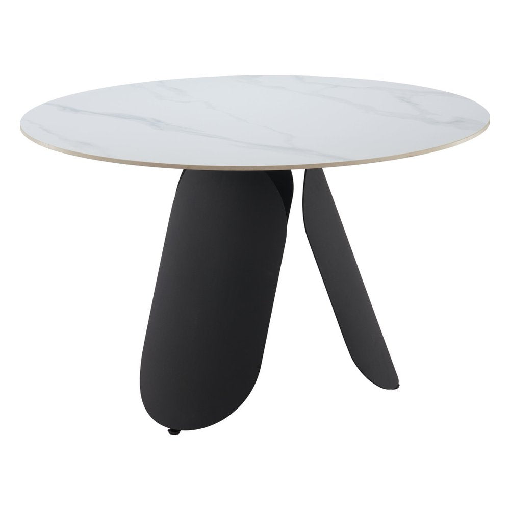 48" White and Black Faux Marble and Steel Pedestal Base Round Top Dining Table HomeRoots