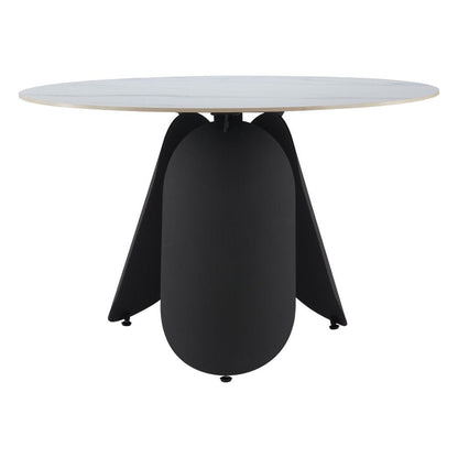 48" White and Black Faux Marble and Steel Pedestal Base Round Top Dining Table HomeRoots