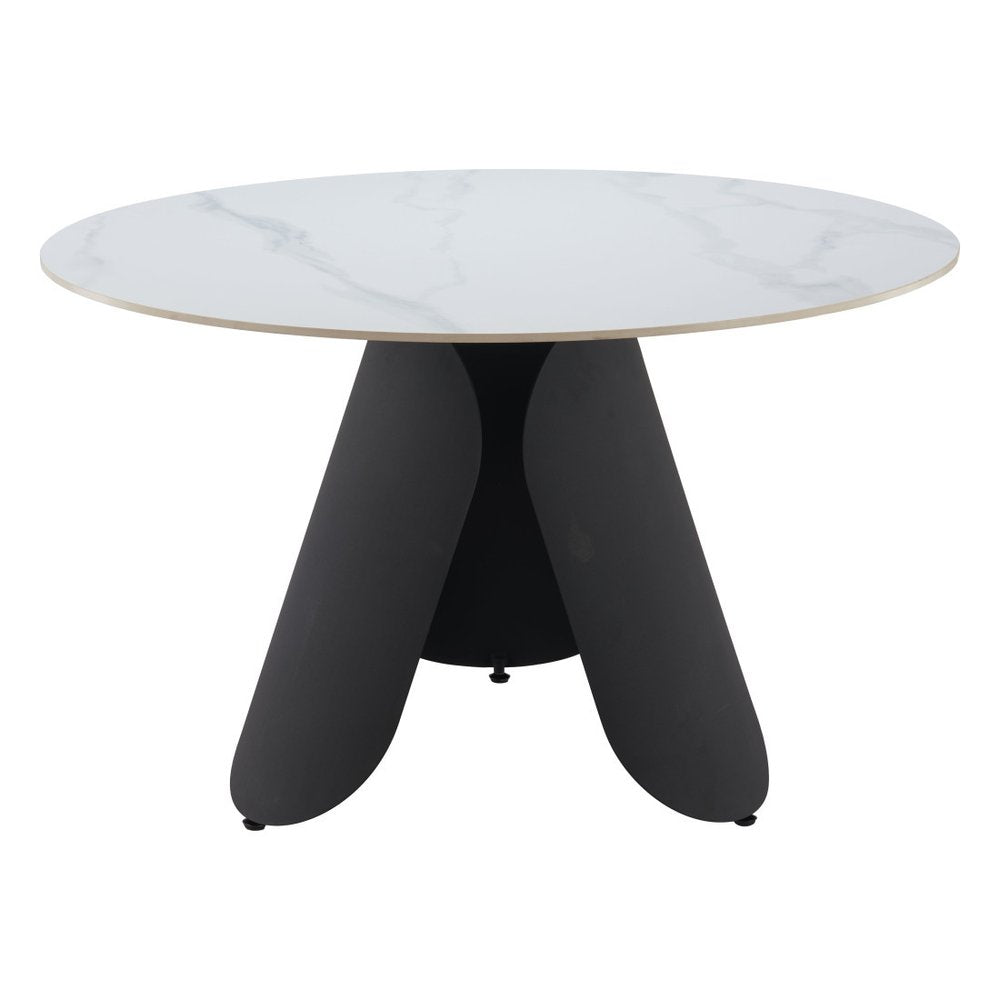 48" White and Black Faux Marble and Steel Pedestal Base Round Top Dining Table HomeRoots