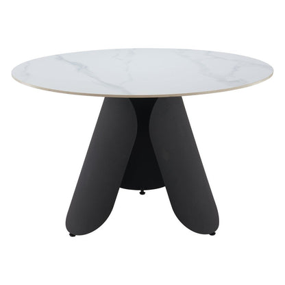 48" White and Black Faux Marble and Steel Pedestal Base Round Top Dining Table HomeRoots