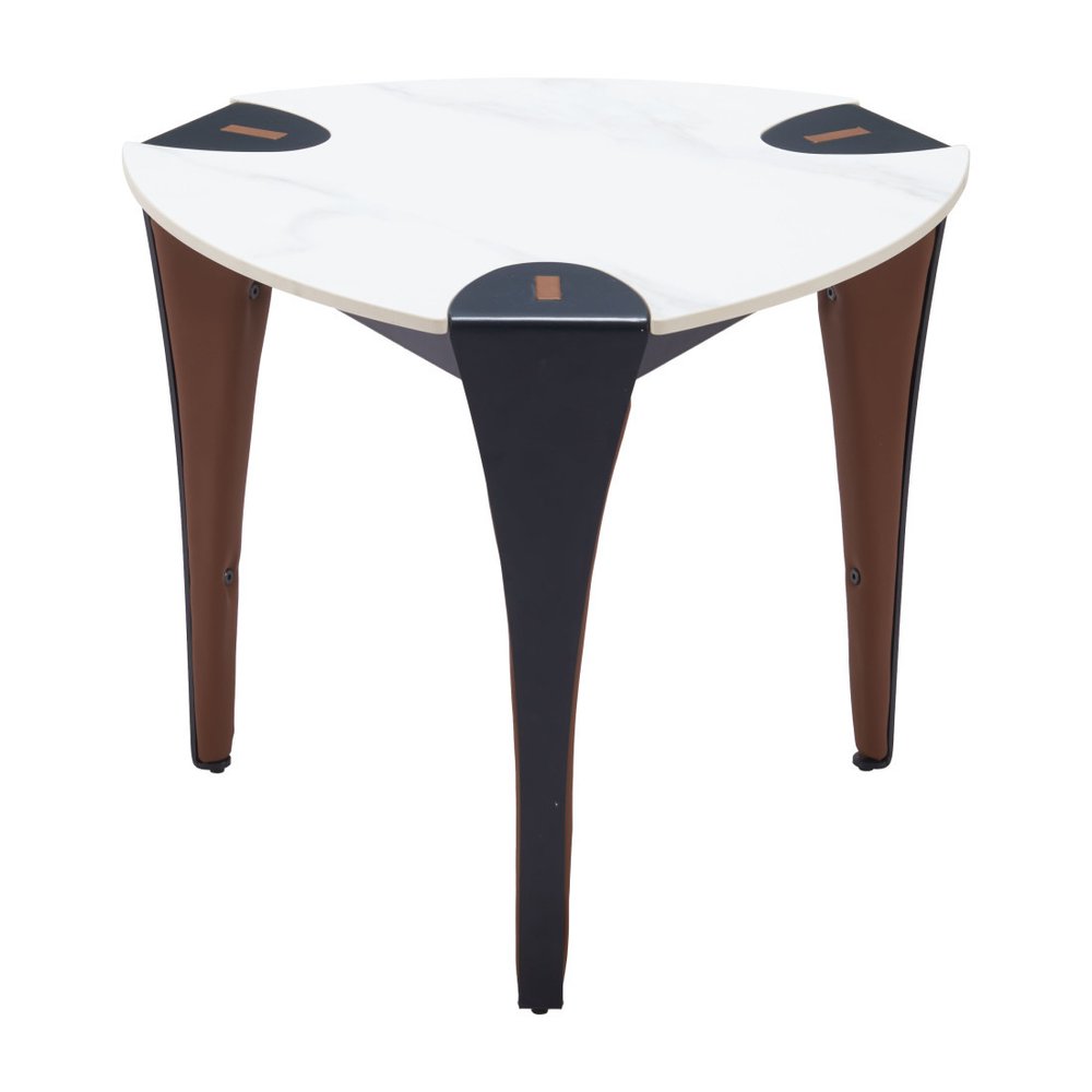 20" White Black and Brown Faux Marble and Steel Triangular End Table HomeRoots
