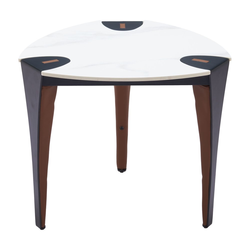 20" White Black and Brown Faux Marble and Steel Triangular End Table — view 2
