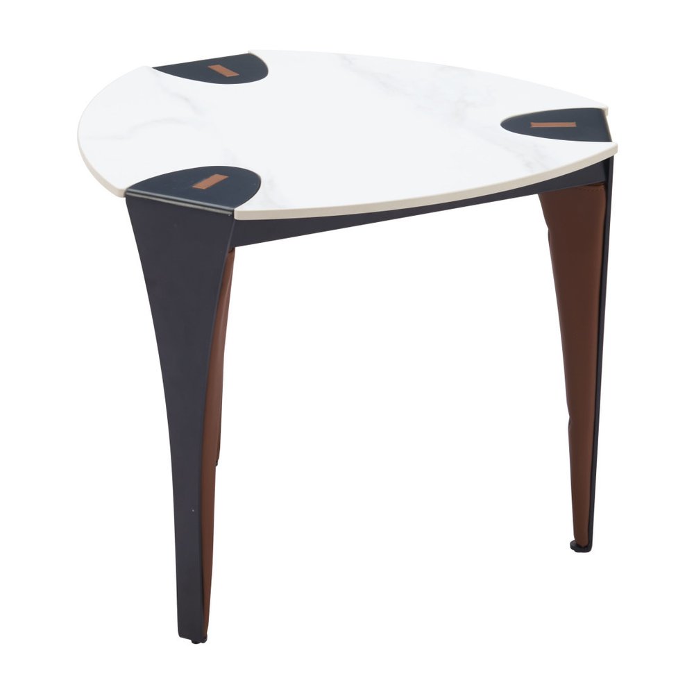 20" White Black and Brown Faux Marble and Steel Triangular End Table — view 3