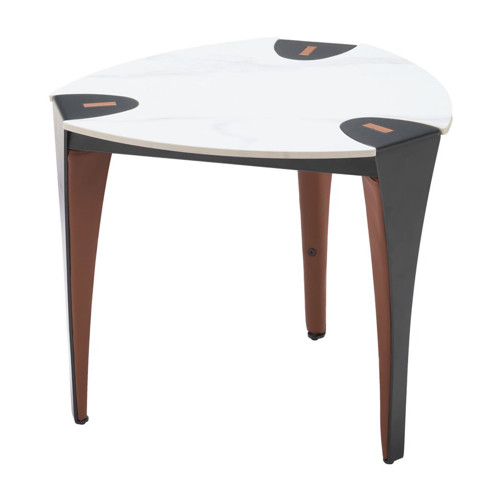 20" White Black and Brown Faux Marble and Steel Triangular End Table HomeRoots