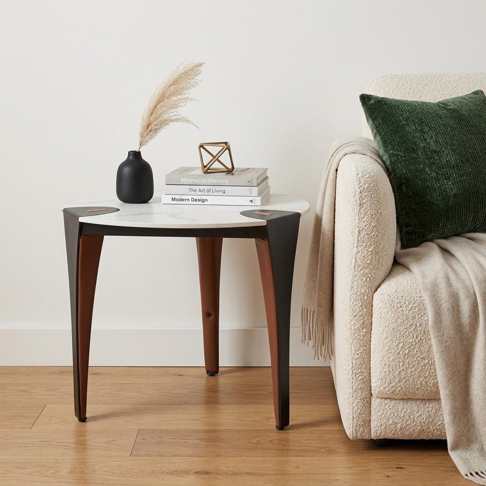 20" White Black and Brown Faux Marble and Steel Triangular End Table — view 1