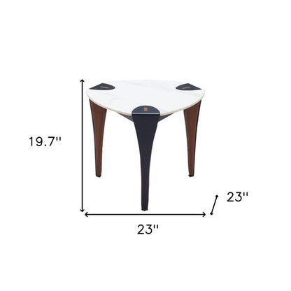 20" White Black and Brown Faux Marble and Steel Triangular End Table HomeRoots