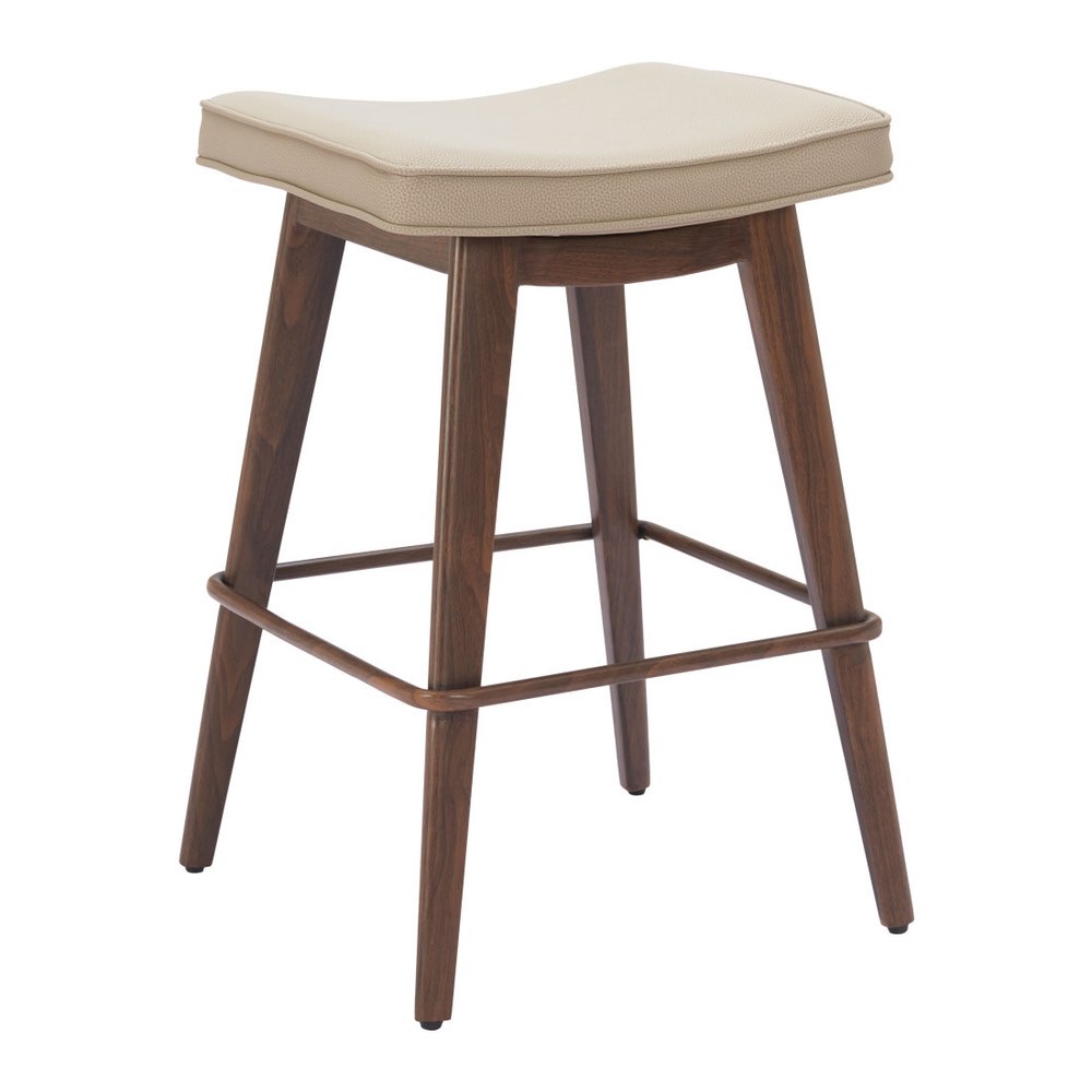 Set of Two 27" Beige And Walnut Faux Leather And Steel Backless Counter Height Bar Chairs HomeRoots