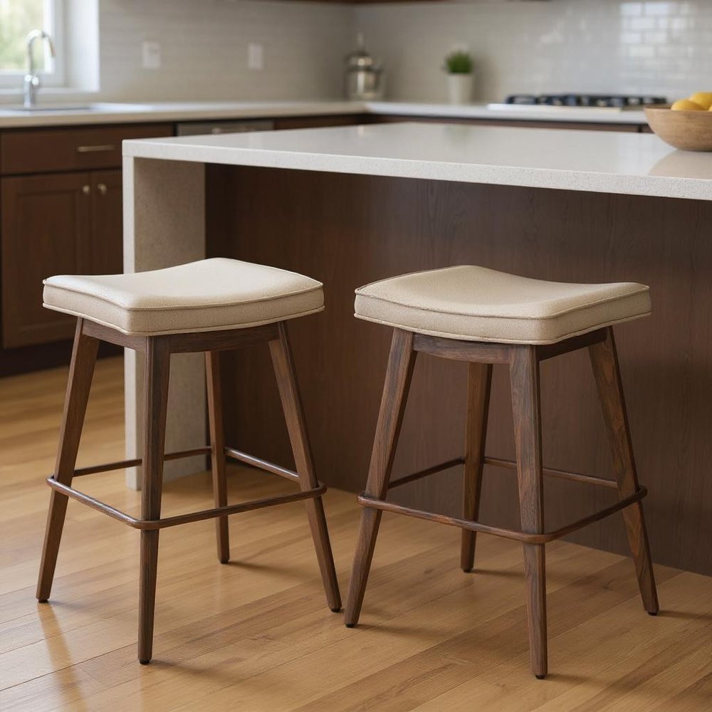 Set of Two 27" Beige And Walnut Faux Leather And Steel Backless Counter Height Bar Chairs HomeRoots