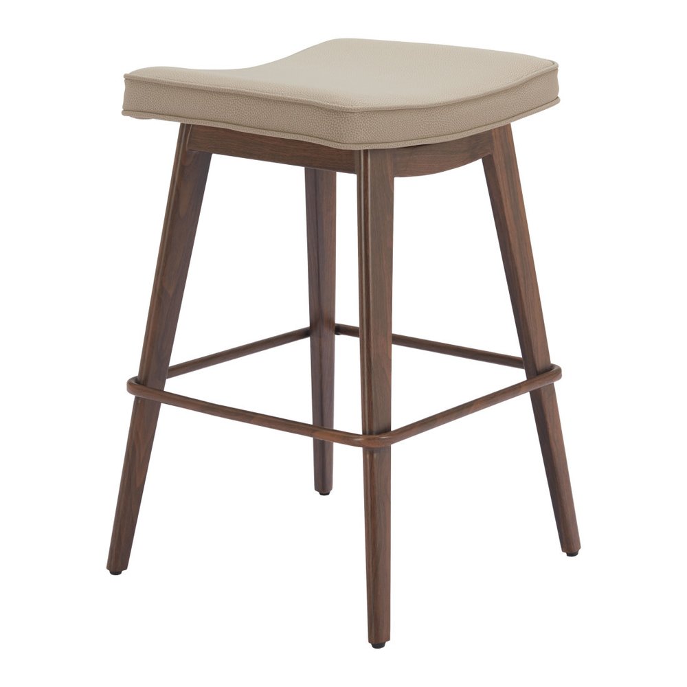 Set of Two 27" Beige And Walnut Faux Leather And Steel Backless Counter Height Bar Chairs HomeRoots