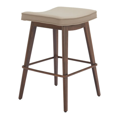 Set of Two 27" Beige And Walnut Faux Leather And Steel Backless Counter Height Bar Chairs HomeRoots