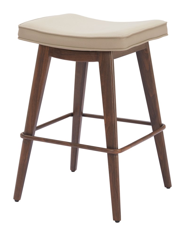 Set of Two 27" Beige And Walnut Faux Leather And Steel Backless Counter Height Bar Chairs HomeRoots