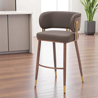 30" Brown Gold And Walnut Faux Leather And Steel Low Back Bar Height Bar Chair HomeRoots