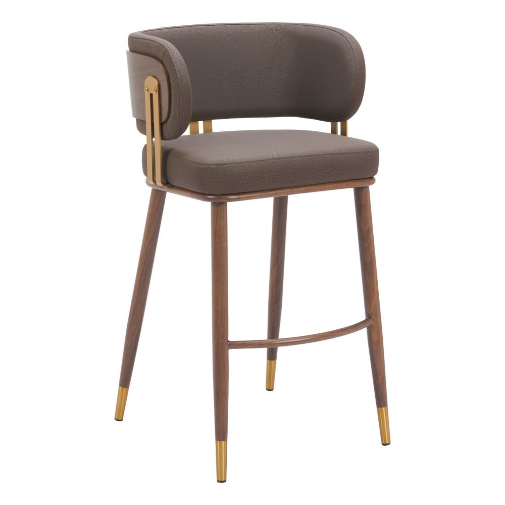 30" Brown Gold And Walnut Faux Leather And Steel Low Back Bar Height Bar Chair HomeRoots