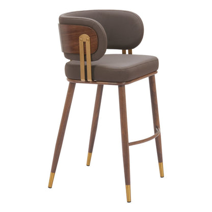 30" Brown Gold And Walnut Faux Leather And Steel Low Back Bar Height Bar Chair HomeRoots