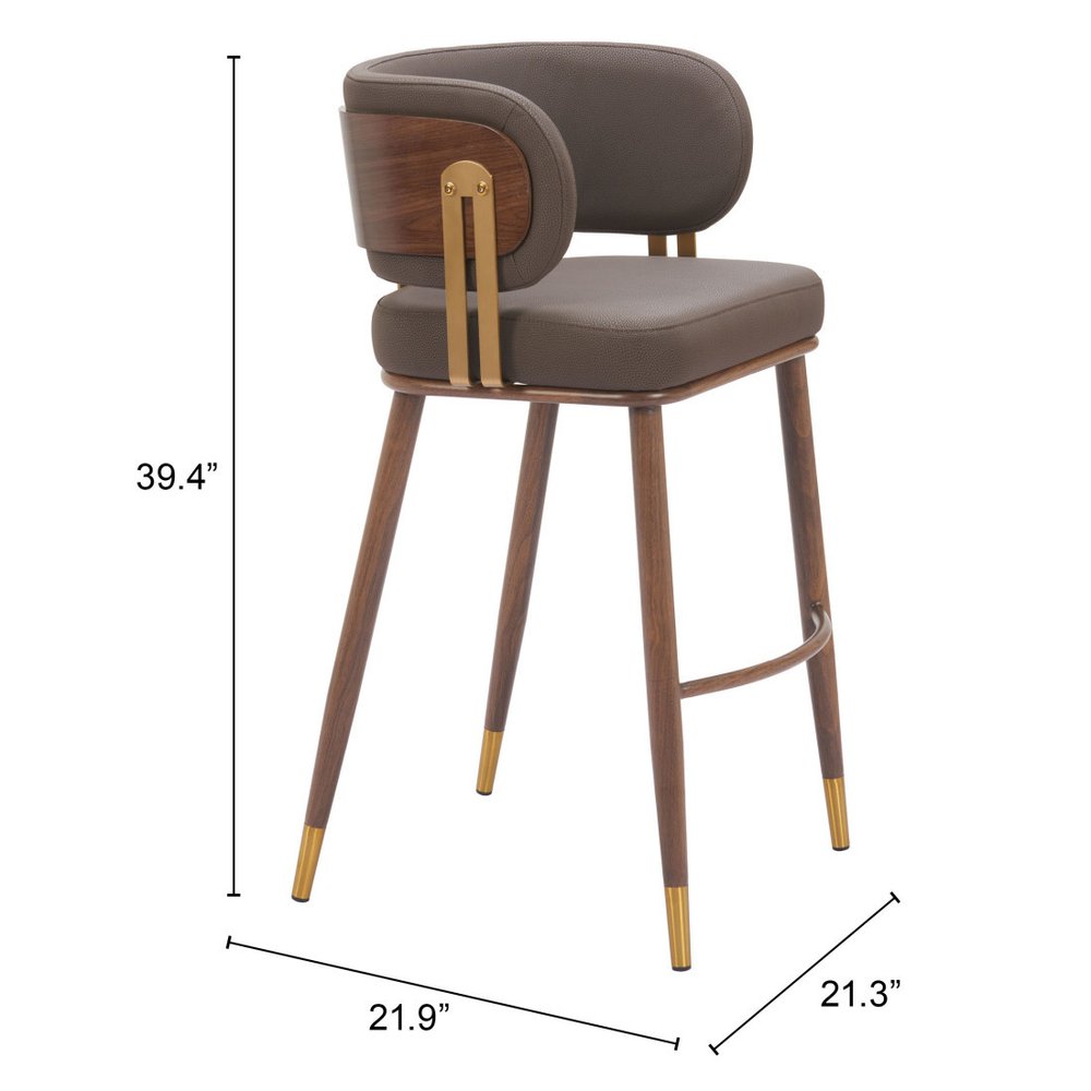 30" Brown Gold and Walnut Steel and Faux Leather Low Back Bar Height Bar Chair HomeRoots