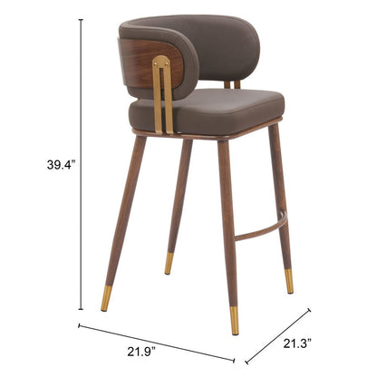 30" Brown Gold and Walnut Steel and Faux Leather Low Back Bar Height Bar Chair HomeRoots