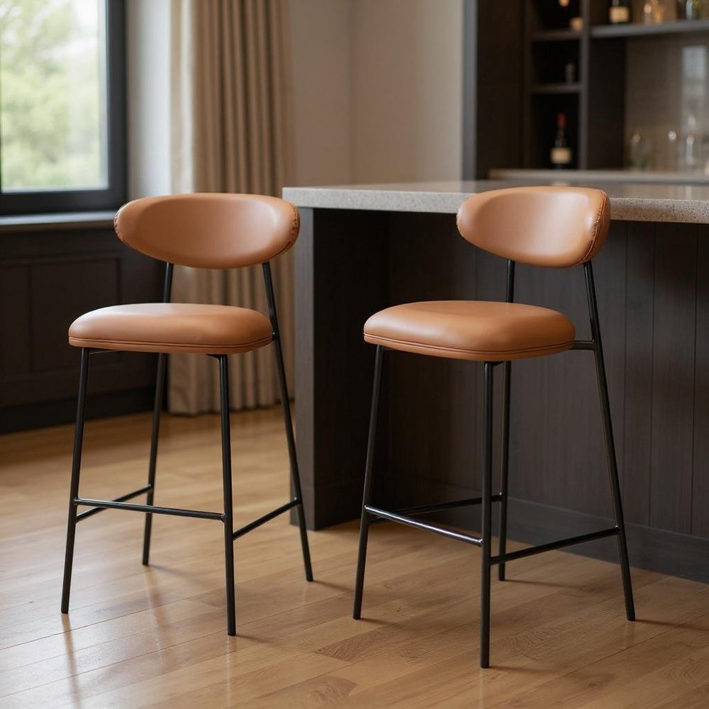Set of Two 29" Brown And Black Faux Leather And Steel Low Back Bar Height Bar Chairs HomeRoots