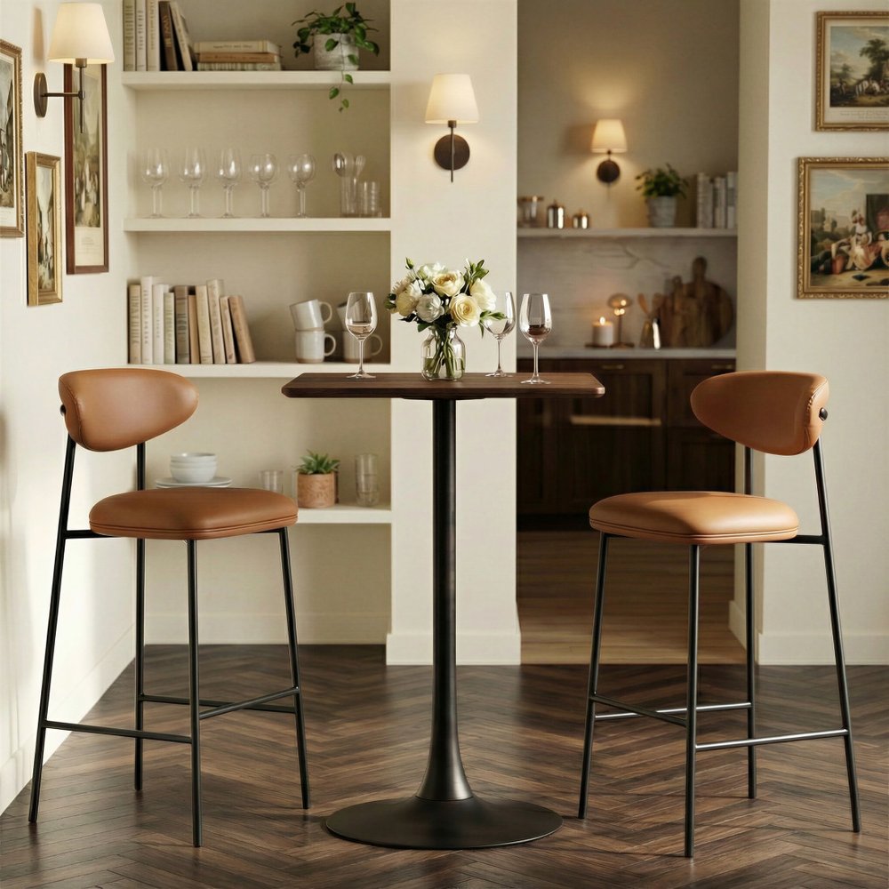 Set of Two 29" Brown and Black Faux Leather and Steel Low Back Bar Height Bar Chairs HomeRoots