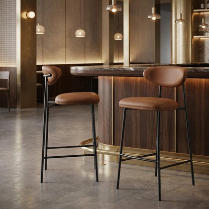 Set of Two 29" Brown And Black Faux Leather And Steel Low Back Bar Height Bar Chairs HomeRoots