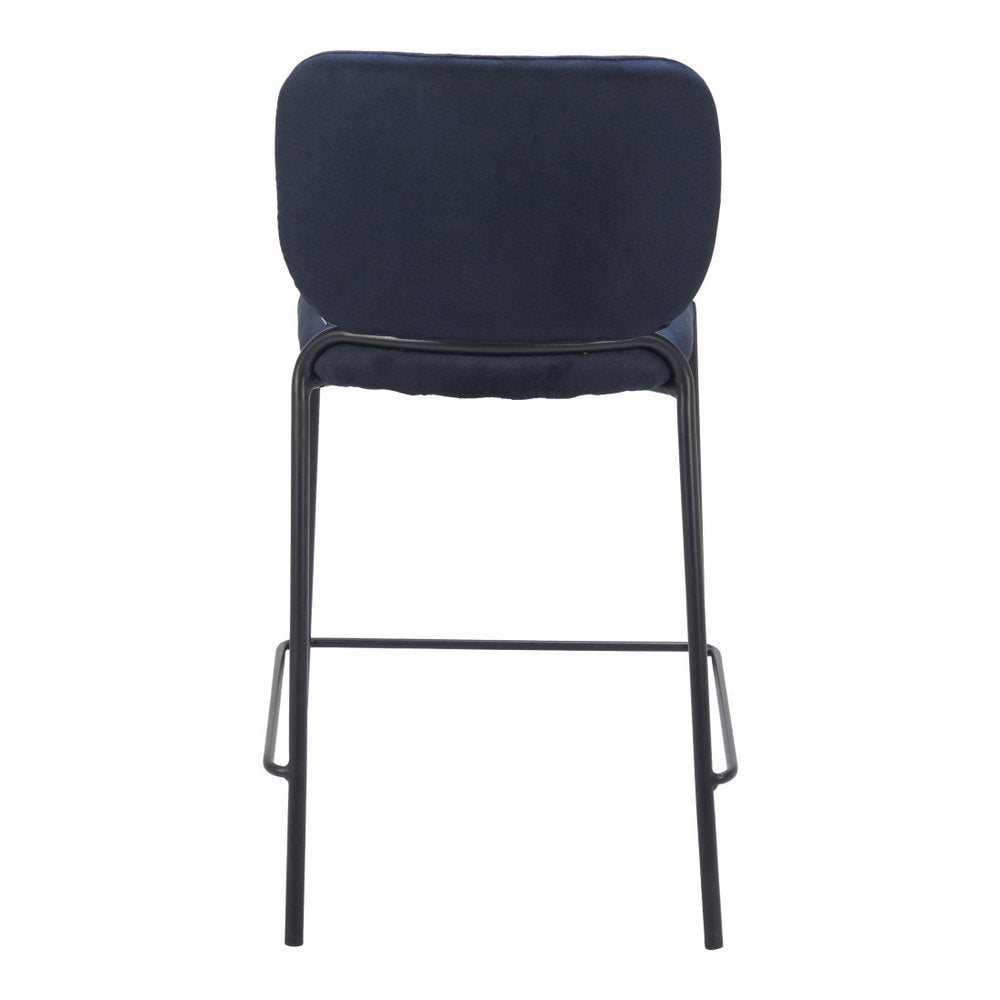 Set of Two 25" Blue And Black Velvet And Steel Counter Height Bar Chairs HomeRoots