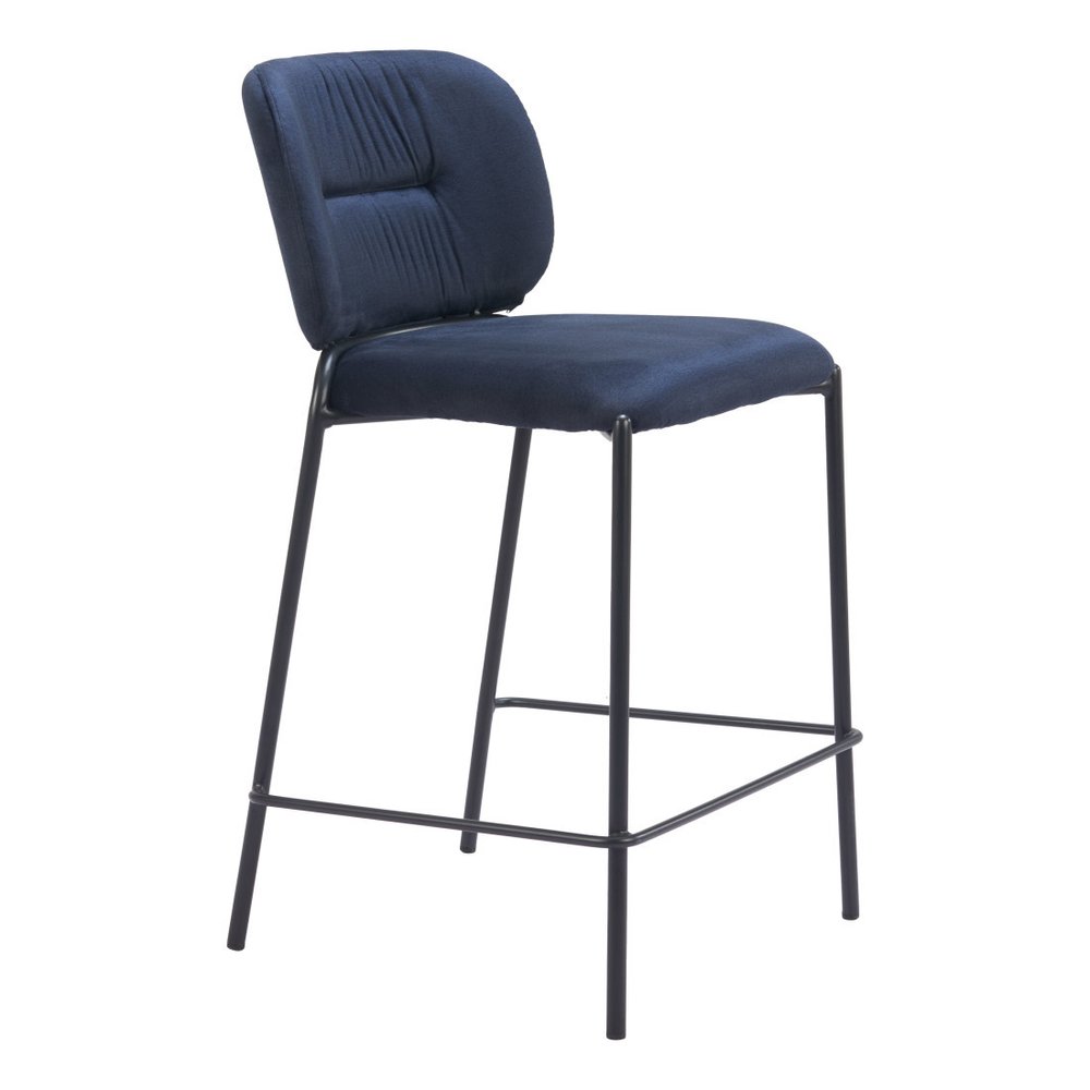 Set of Two 25" Blue And Black Velvet And Steel Counter Height Bar Chairs HomeRoots