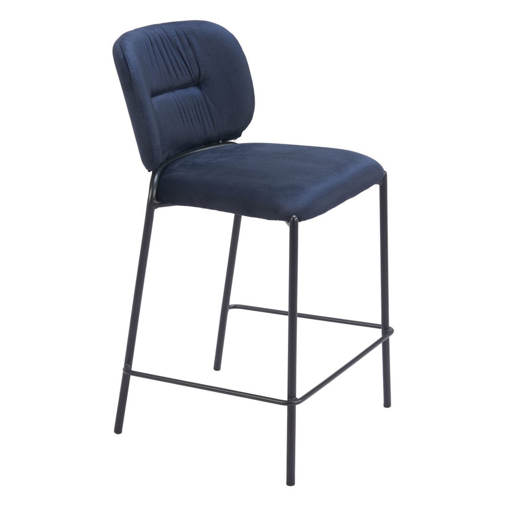 Set of Two 25" Blue And Black Velvet And Steel Counter Height Bar Chairs HomeRoots