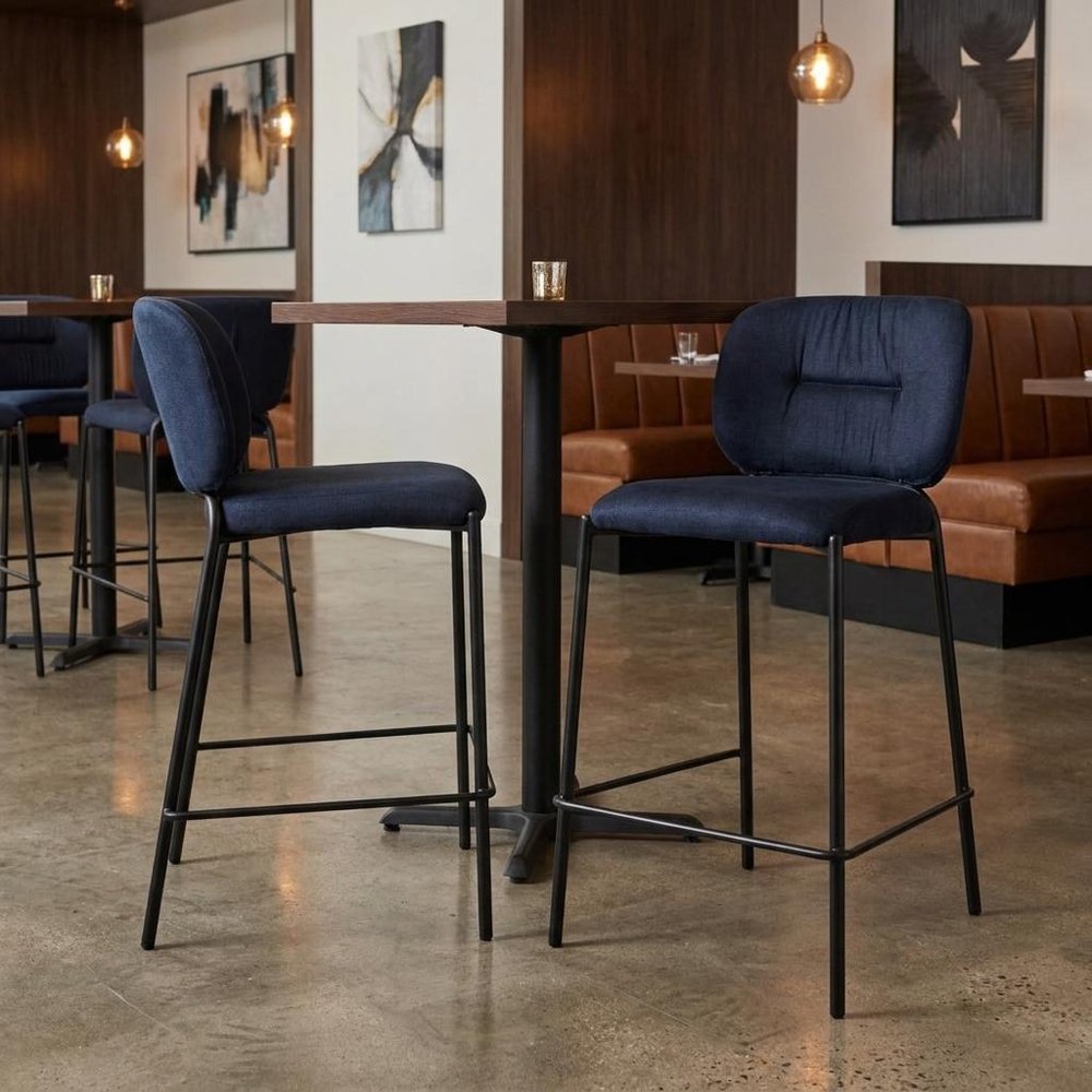 Set of Two 25" Blue And Black Velvet And Steel Counter Height Bar Chairs HomeRoots