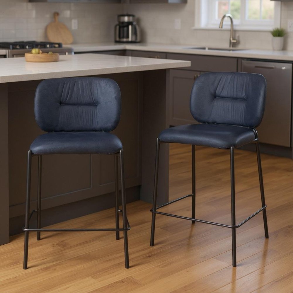 Set of Two 25" Blue And Black Velvet And Steel Counter Height Bar Chairs HomeRoots