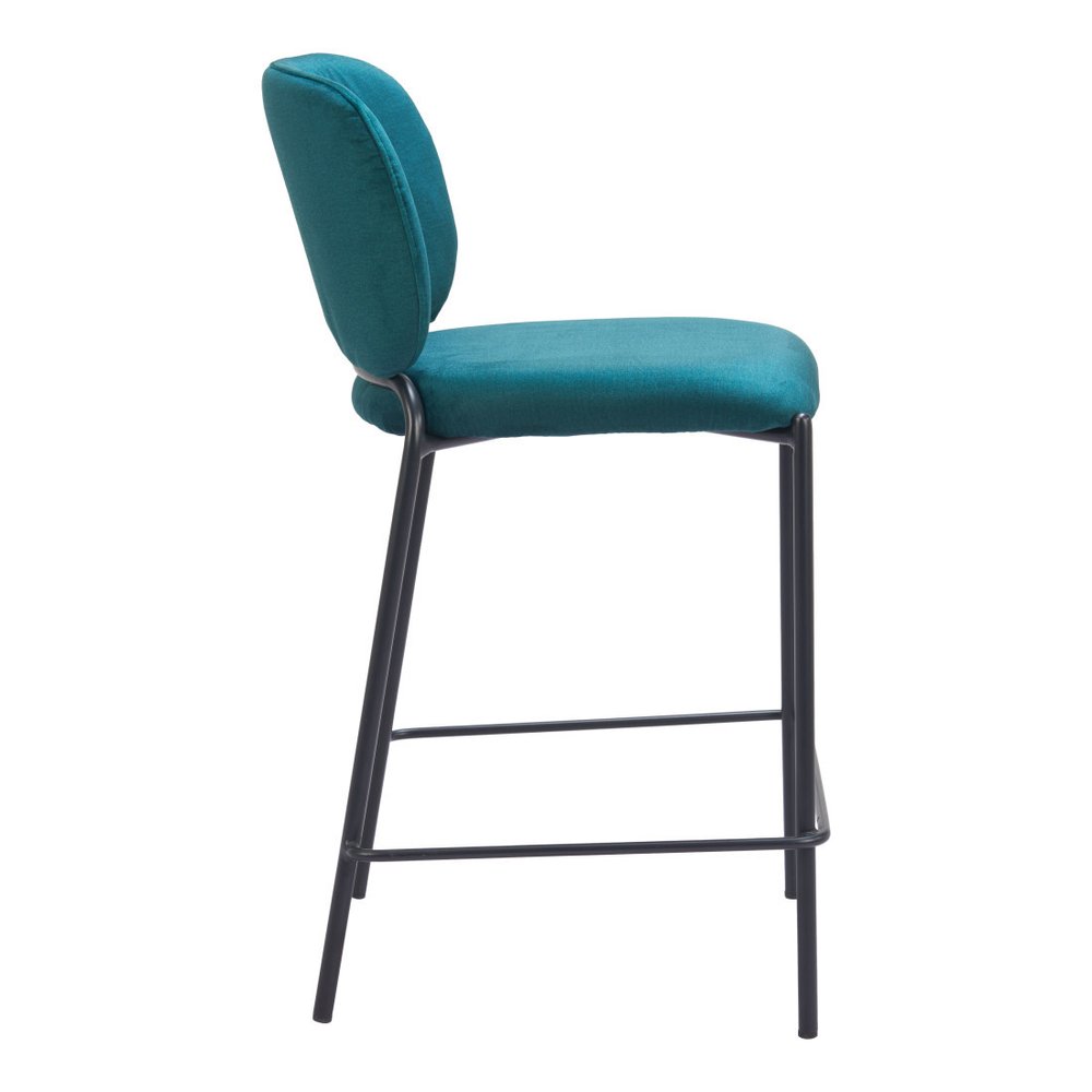 Set of Two 25" Green And Black Velvet And Steel Counter Height Bar Chairs HomeRoots
