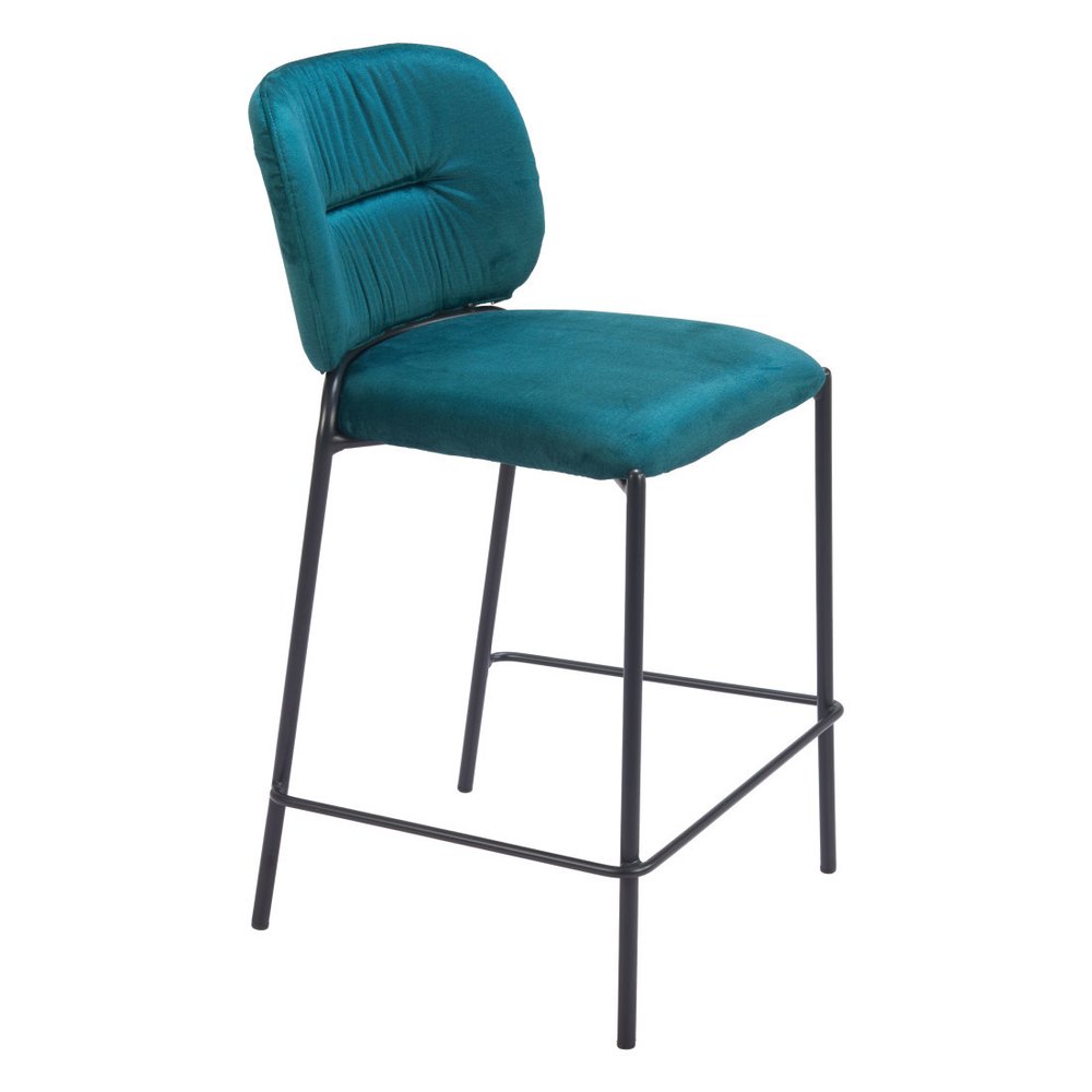 Set of Two 25" Green And Black Velvet And Steel Counter Height Bar Chairs HomeRoots