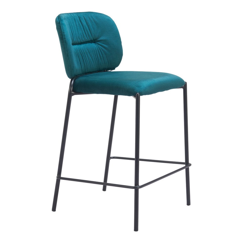 Set of Two 25" Green And Black Velvet And Steel Counter Height Bar Chairs HomeRoots