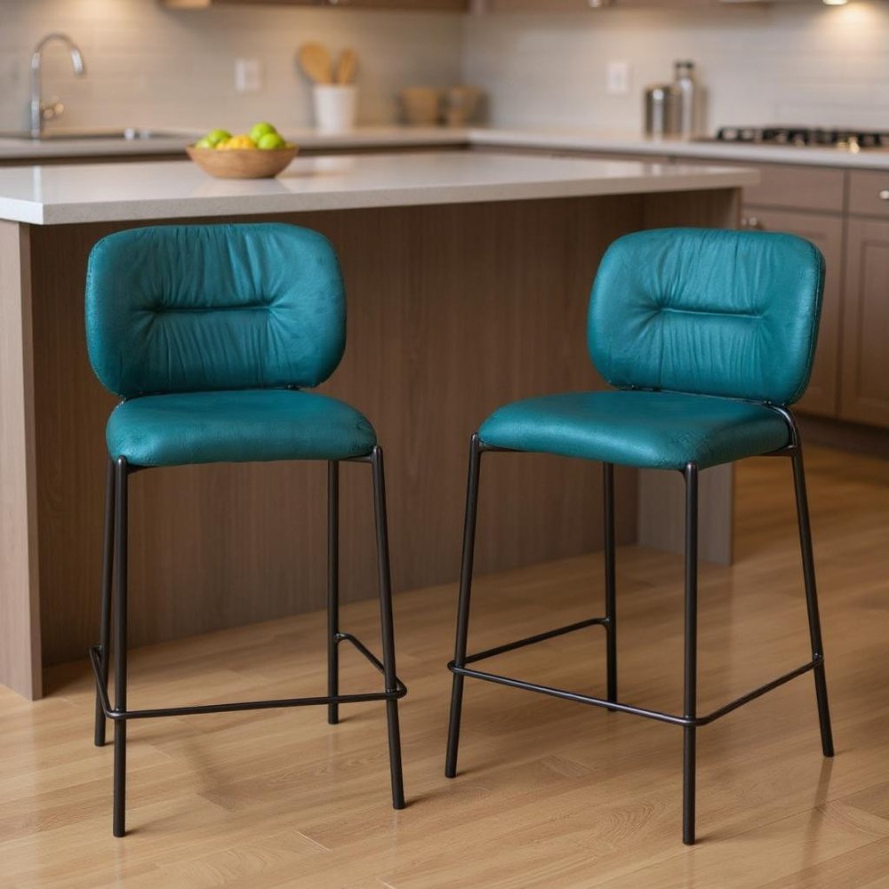 Set of Two 25" Green And Black Velvet And Steel Counter Height Bar Chairs HomeRoots