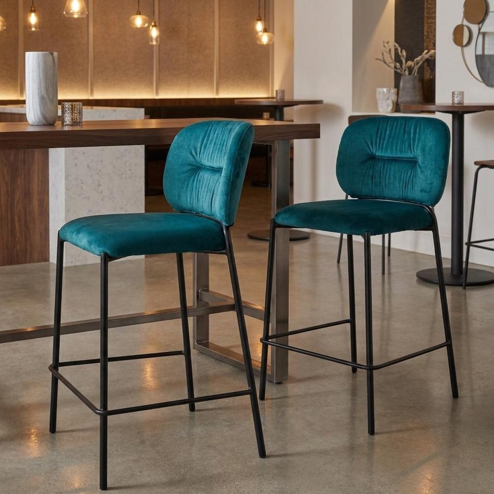 Set of Two 25" Green And Black Velvet And Steel Counter Height Bar Chairs HomeRoots