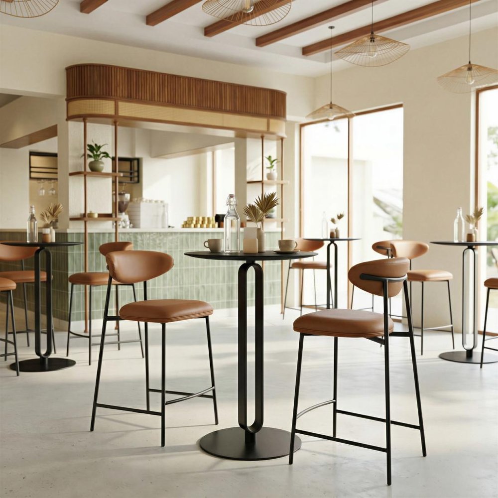 Set of Two 25" Brown and Black Faux Leather and Steel Low Back Counter Height Bar Chairs HomeRoots