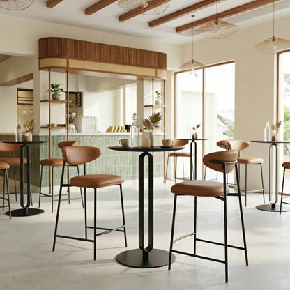 Set of Two 25" Brown and Black Faux Leather and Steel Low Back Counter Height Bar Chairs HomeRoots