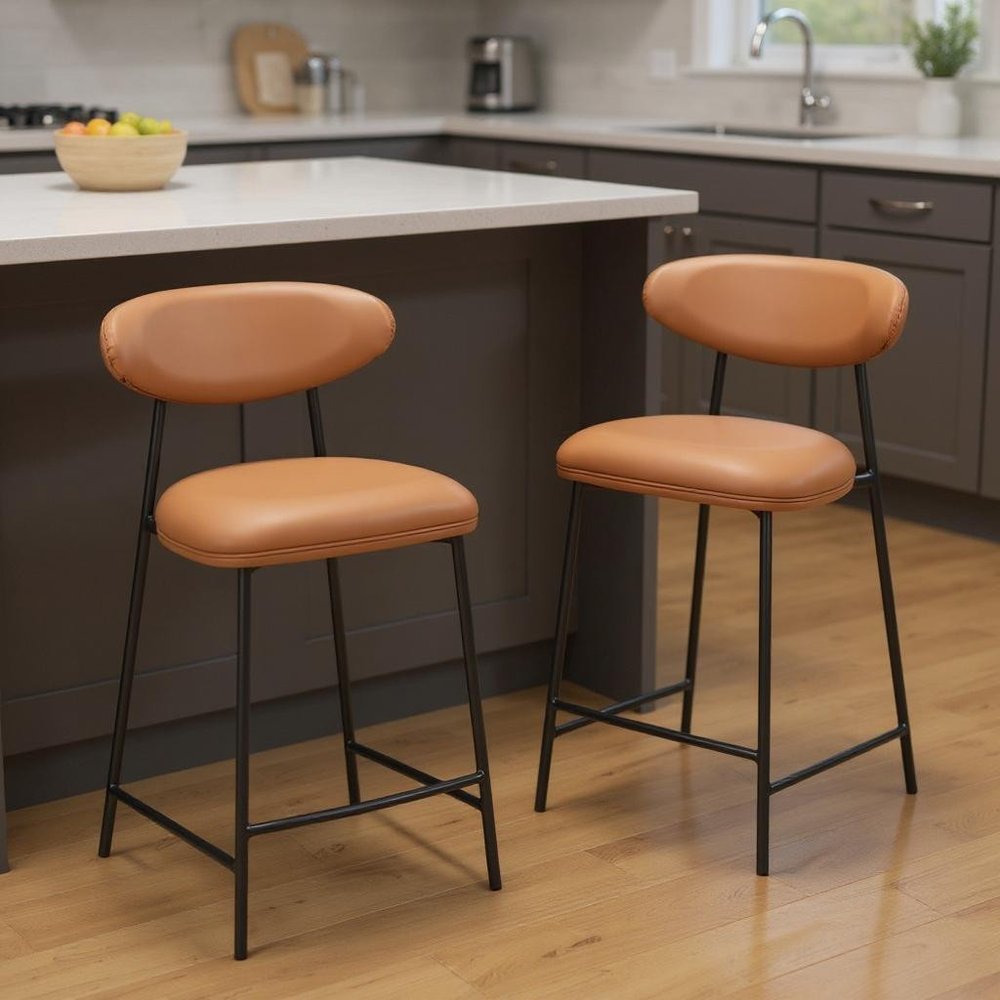 Set of Two 25" Brown And Black Faux Leather And Steel Low Back Counter Height Bar Chairs HomeRoots