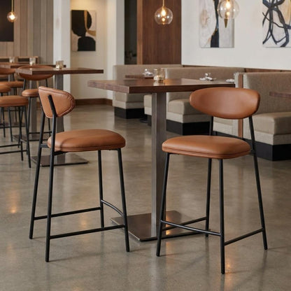 Set of Two 25" Brown And Black Faux Leather And Steel Low Back Counter Height Bar Chairs HomeRoots