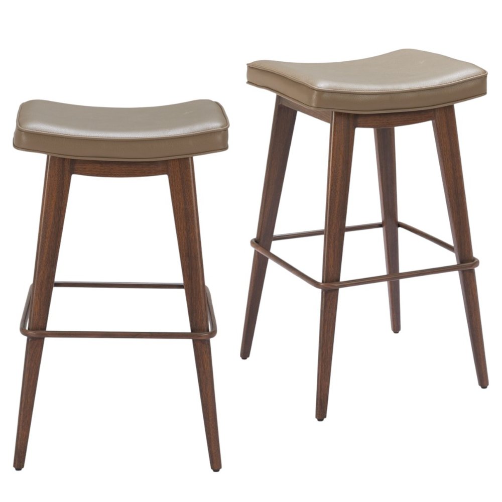 Set of Two 31" Taupe And Walnut Faux Leather And Steel Backless Bar Height Bar Chairs HomeRoots