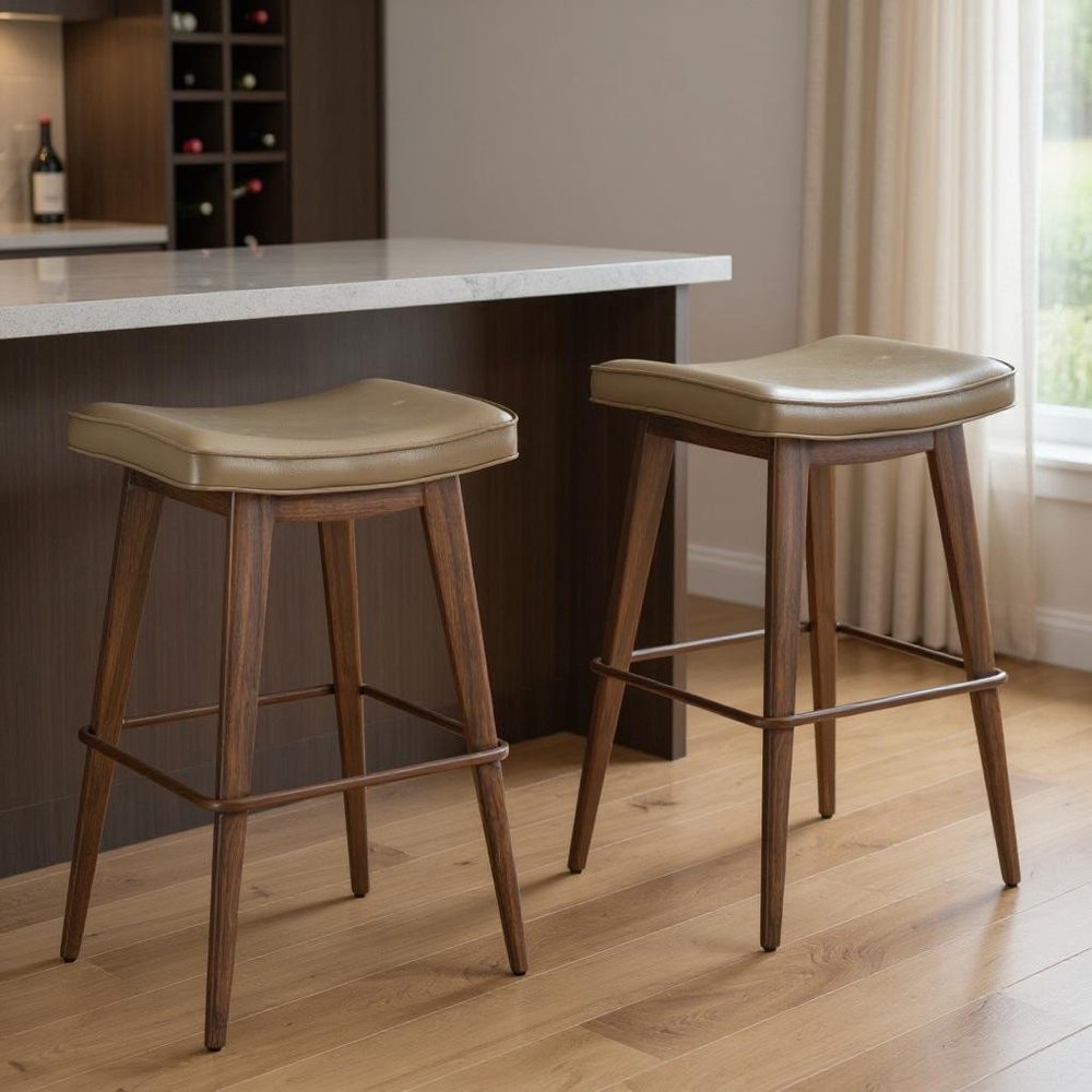 Set of Two 31" Taupe And Walnut Faux Leather And Steel Backless Bar Height Bar Chairs HomeRoots