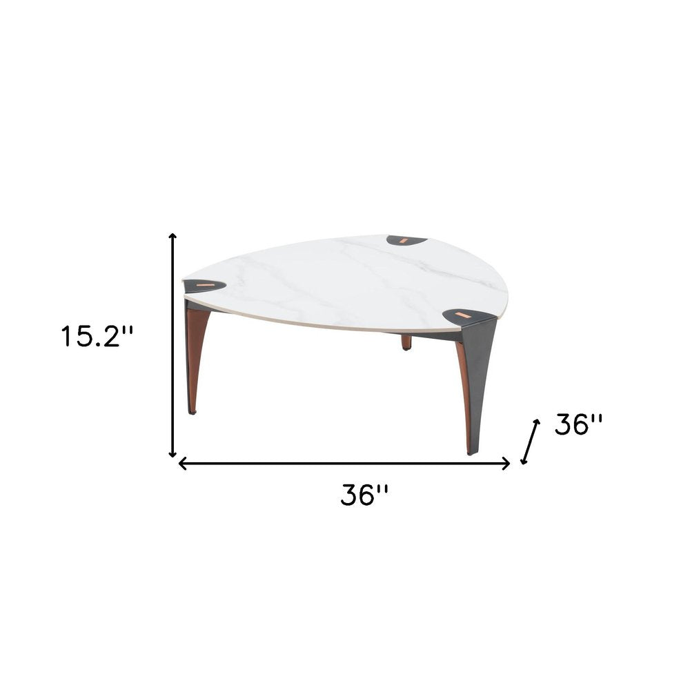 36" White and Black Sintered Stone Faux Leather And Steel Triangle Coffee Table HomeRoots