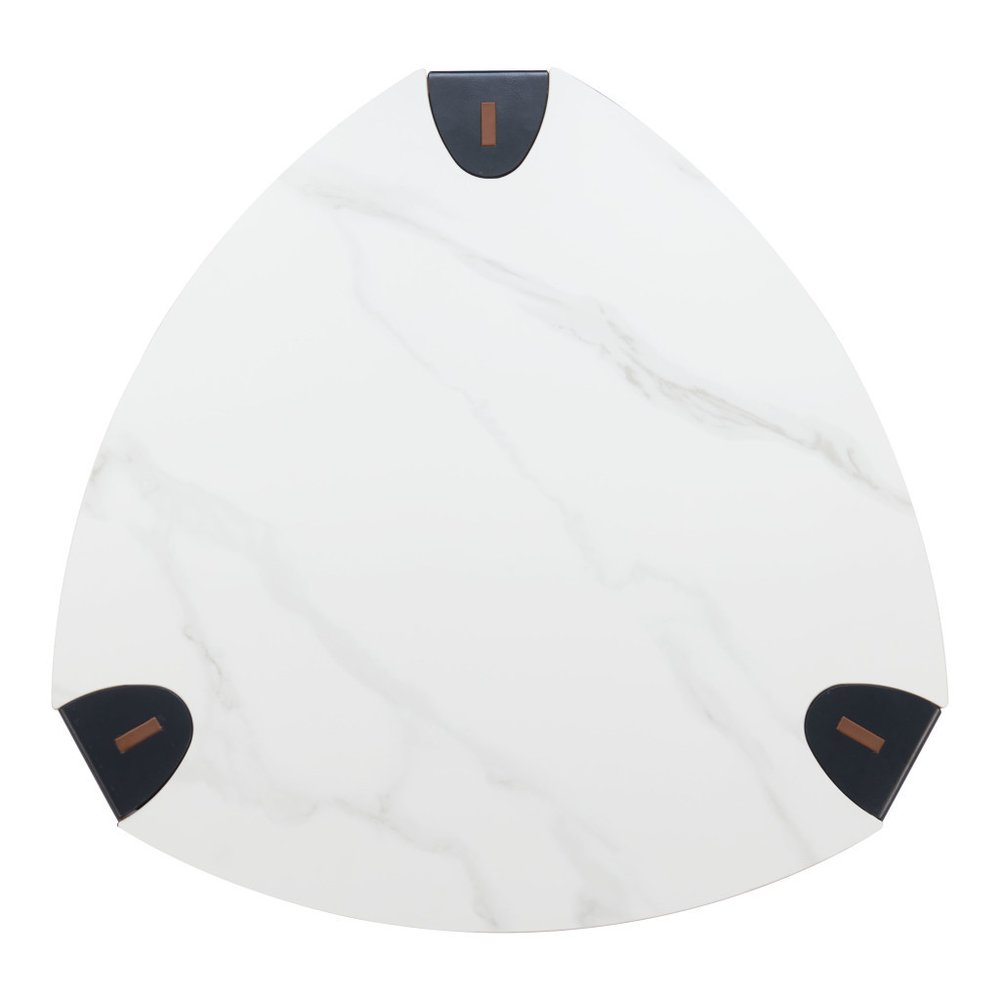 36" White and Black Sintered Stone Faux Leather And Steel Triangle Coffee Table HomeRoots