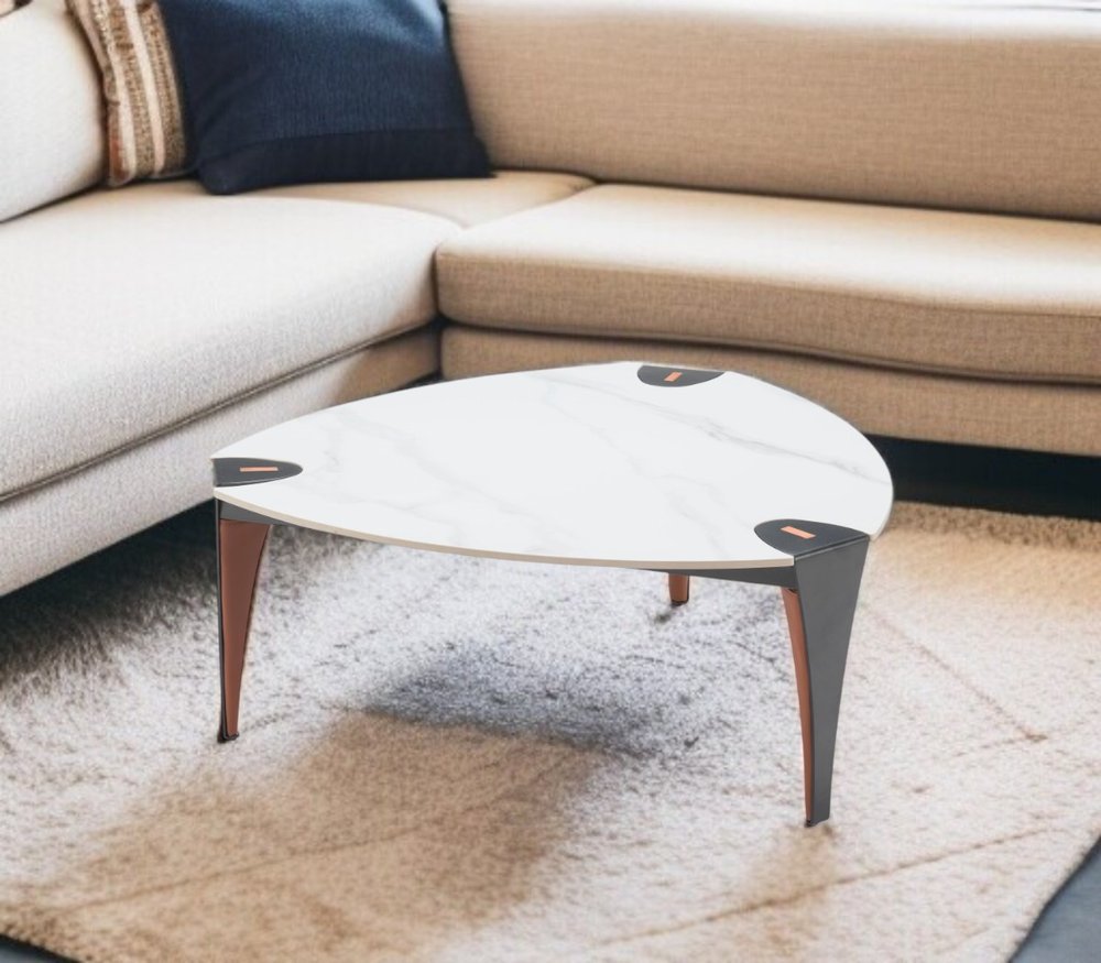 36" White and Black Sintered Stone Faux Leather And Steel Triangle Coffee Table HomeRoots